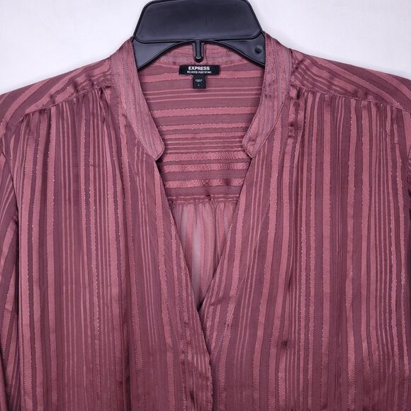 Express Portofino Shirt Womens Large Striped Burgundy Sheer Relaxed - Picture 2 of 11